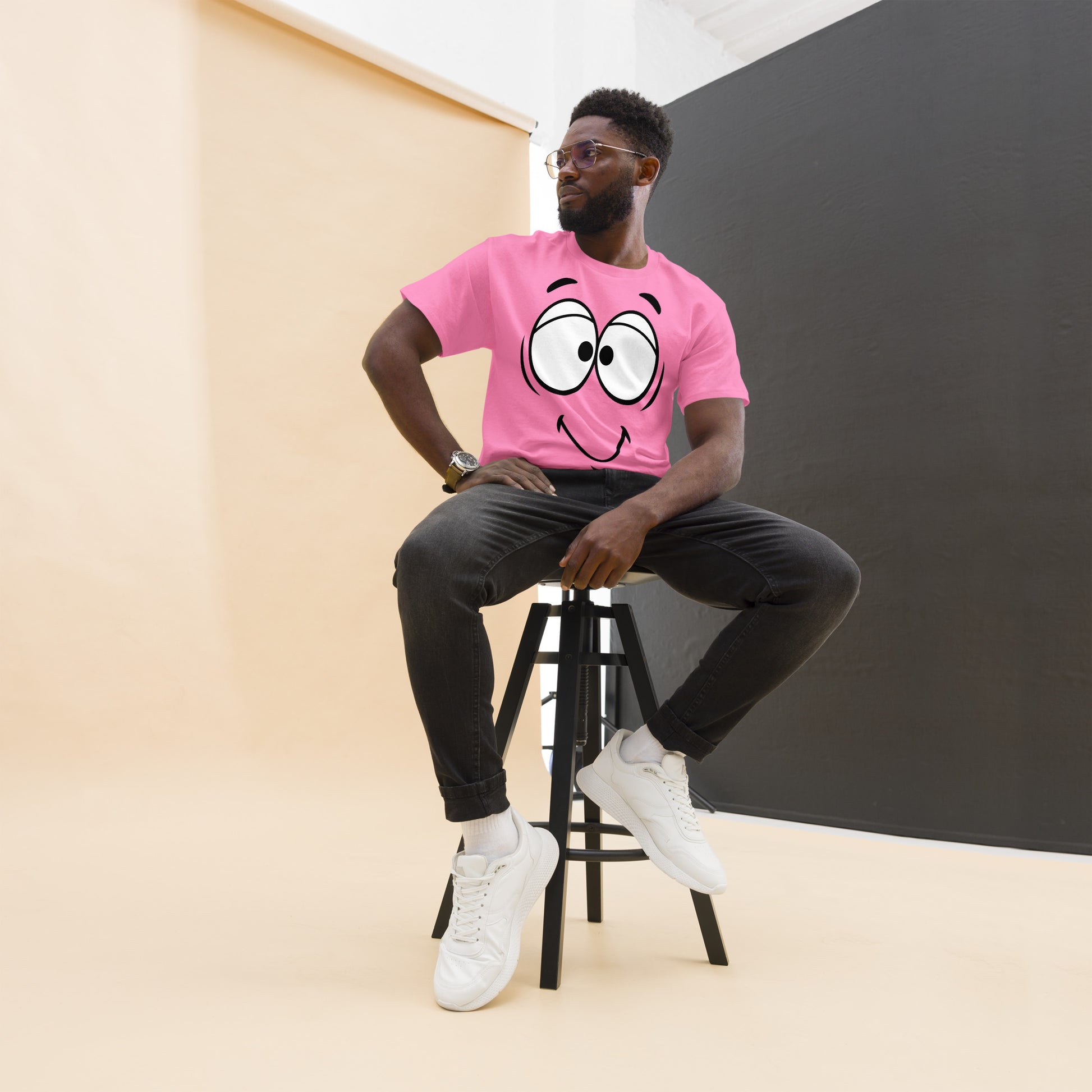 Unisex minimalist cartoon face t-shirt with bold black line art and playful smile – Hipyfi Clothes & Design. azalea-front
