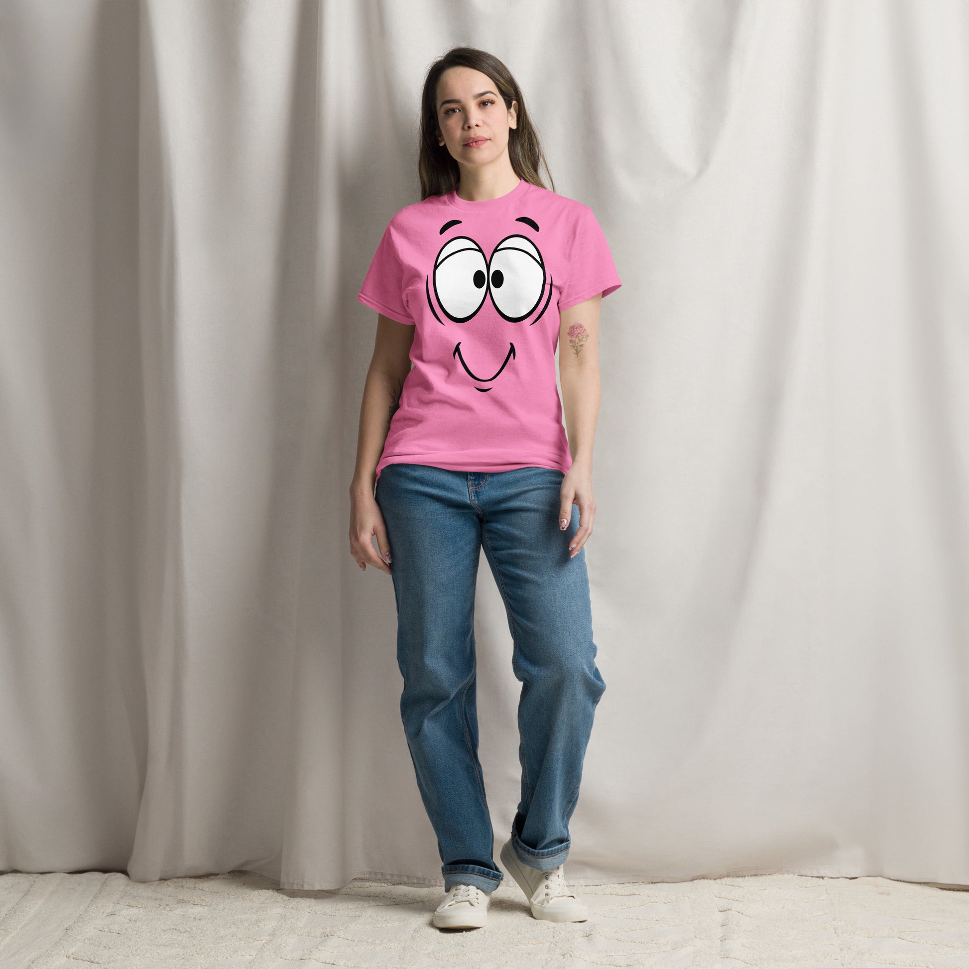 Unisex minimalist cartoon face t-shirt with bold black line art and playful smile – Hipyfi Clothes & Design. azalea-front-3