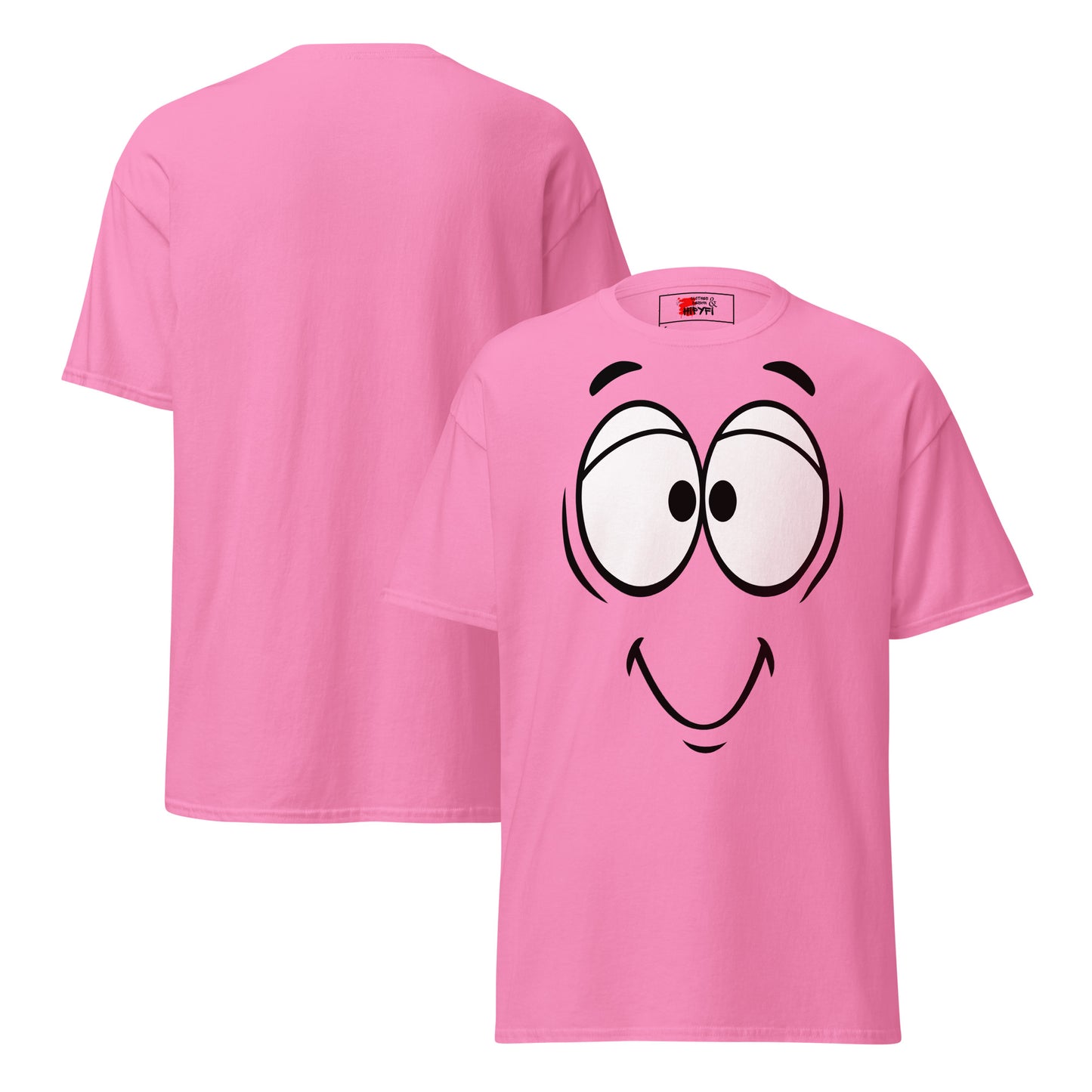 Unisex minimalist cartoon face t-shirt with bold black line art and playful smile – Hipyfi Clothes & Design. azalea-front-and-back
