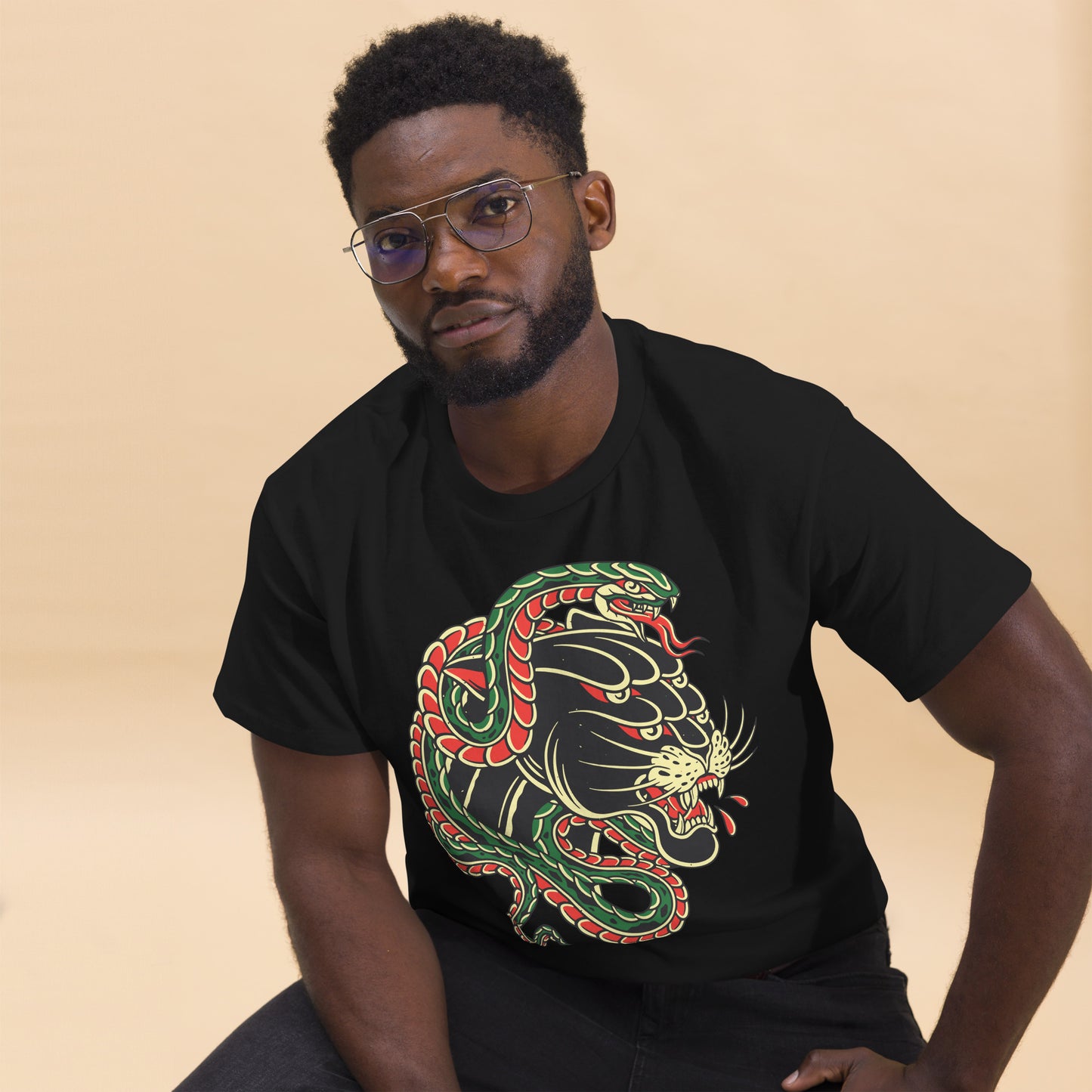 Hipyfi Panther & Snake Graphic Unisex T-Shirt - Bold design on classic fit streetwear tee. black-front