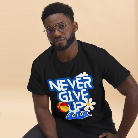 Unisex motivational t-shirt with 'Never Give Up' graphic by Hipyfi Clothes & Design – inspirational summer streetwear tee. black-front