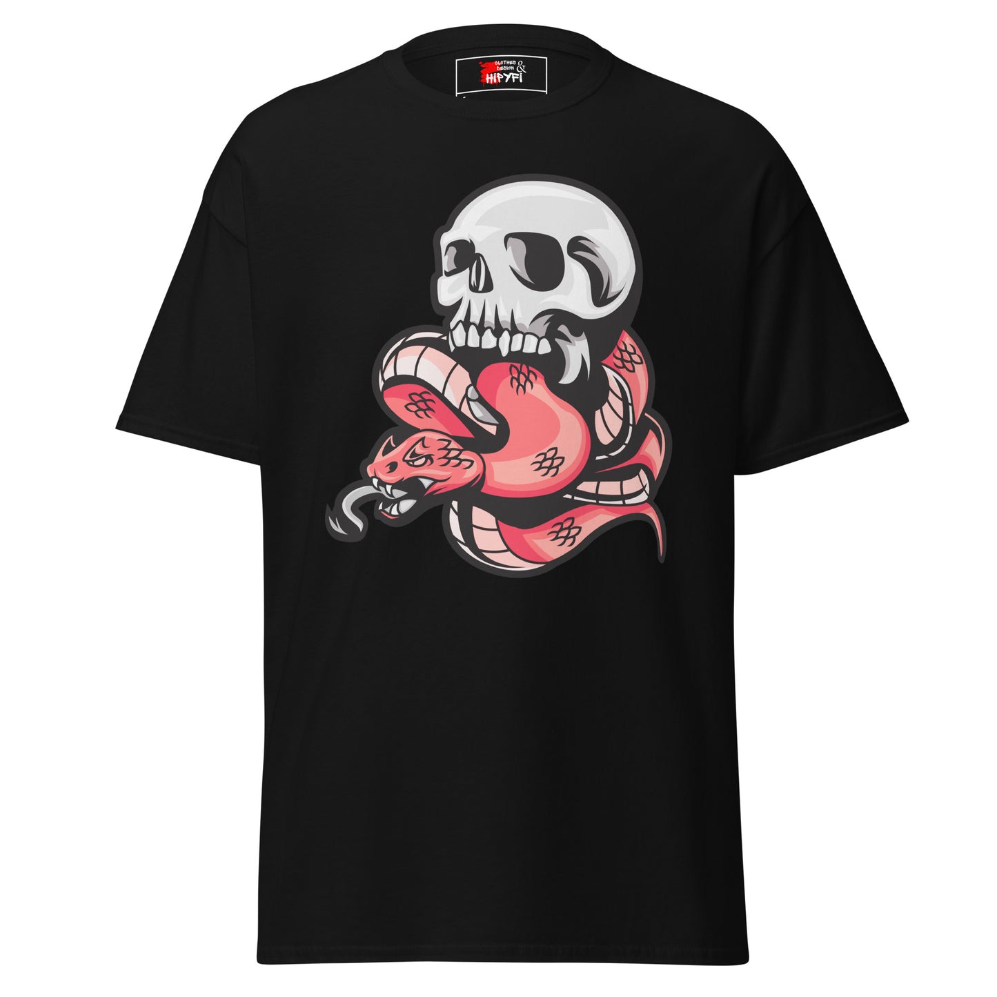 Hipyfi Bold Skull & Snake Unisex T-shirt with tattoo-inspired skull and serpent graphic, perfect for streetwear and punk rock style. black-front-3