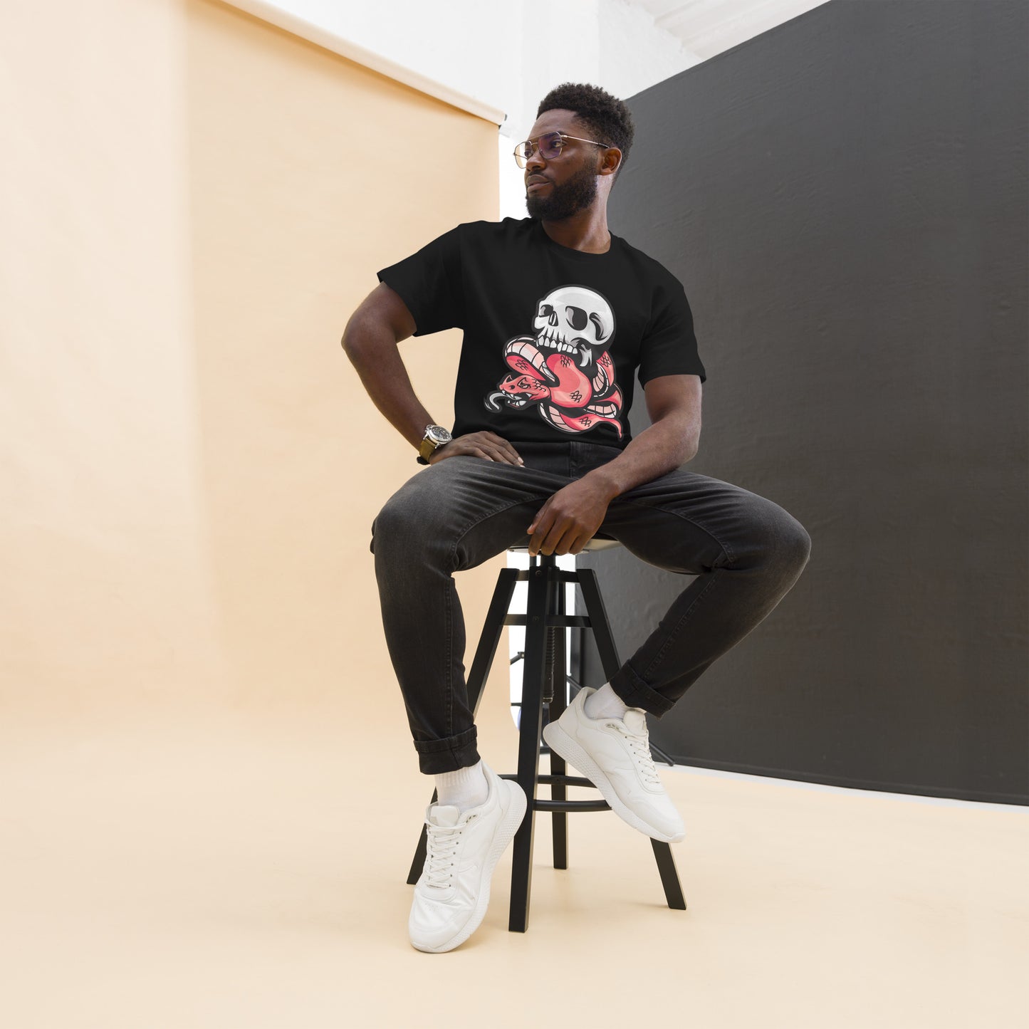 Hipyfi Bold Skull & Snake Unisex T-shirt with tattoo-inspired skull and serpent graphic, perfect for streetwear and punk rock style. black-front