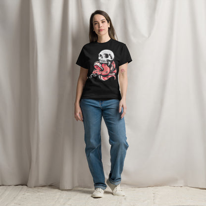 Hipyfi Bold Skull & Snake Unisex T-shirt with tattoo-inspired skull and serpent graphic, perfect for streetwear and punk rock style. black-front-2