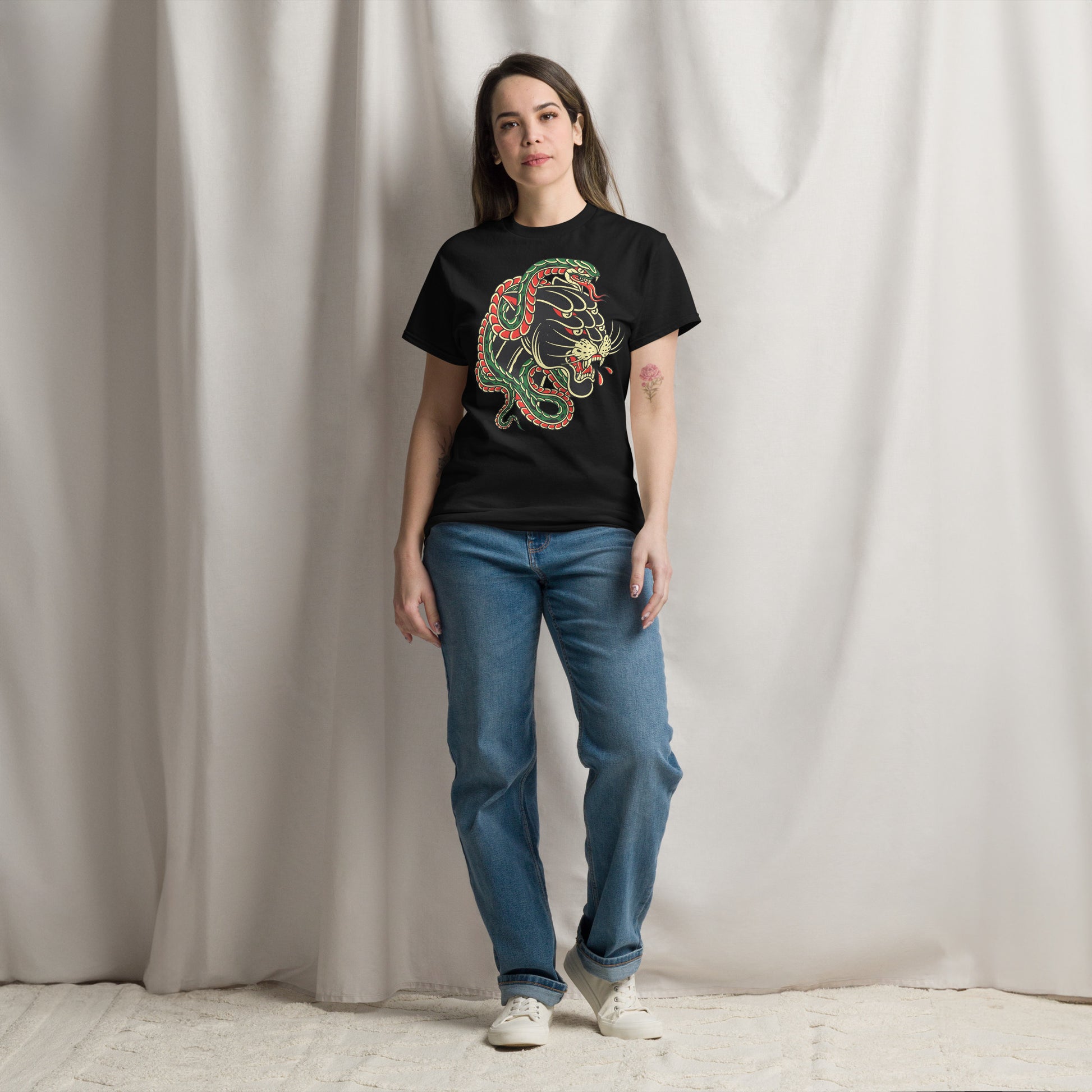 Hipyfi Panther & Snake Graphic Unisex T-Shirt - Bold design on classic fit streetwear tee. black-front-2