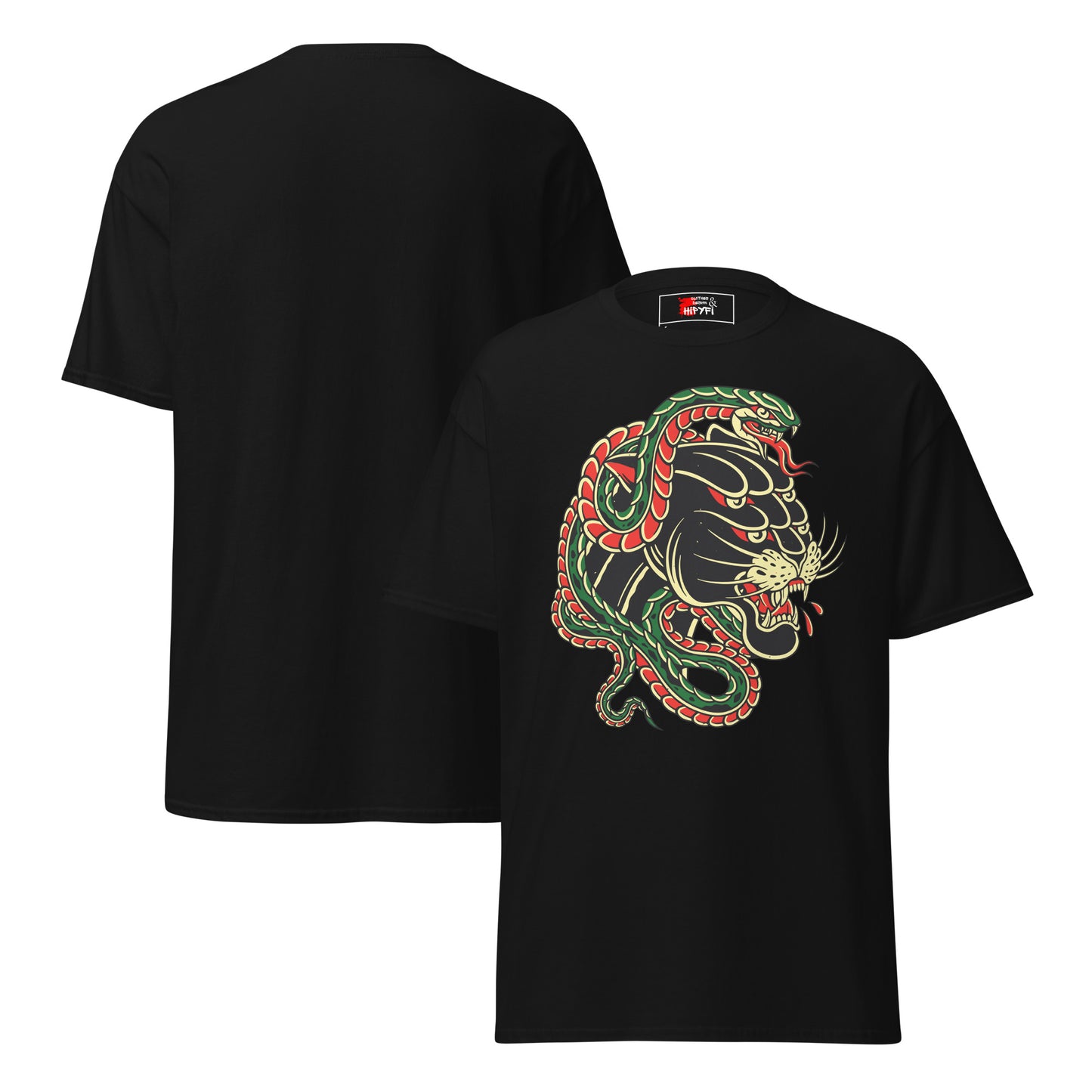 Hipyfi Panther & Snake Graphic Unisex T-Shirt - Bold design on classic fit streetwear tee. black-front-3