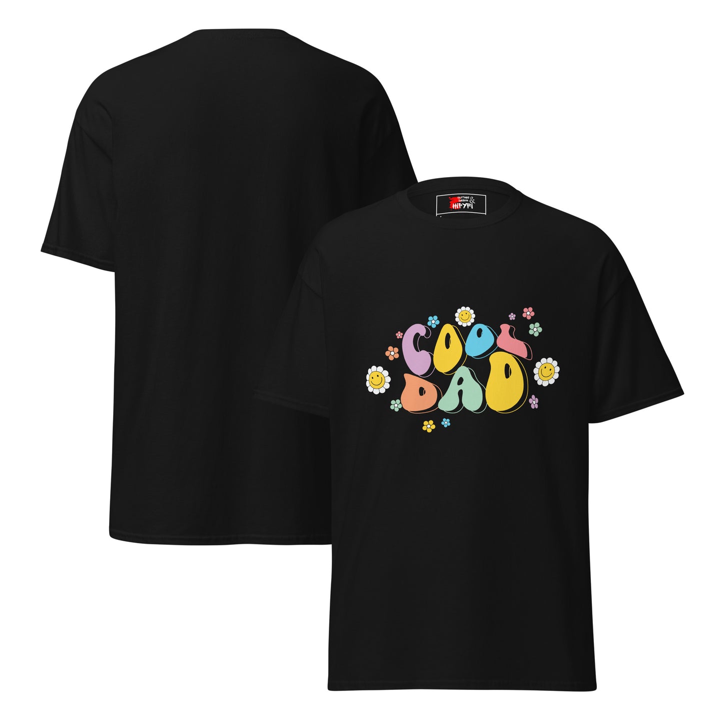 Hipyfi Retro Cool Dad Unisex Graphic Tee – Vintage 70s Style T-Shirt with colorful 'Cool Dad' graphic and floral design. black-front-and-back