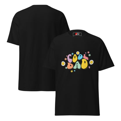 Hipyfi Retro Cool Dad Unisex Graphic Tee – Vintage 70s Style T-Shirt with colorful 'Cool Dad' graphic and floral design. black-front-and-back
