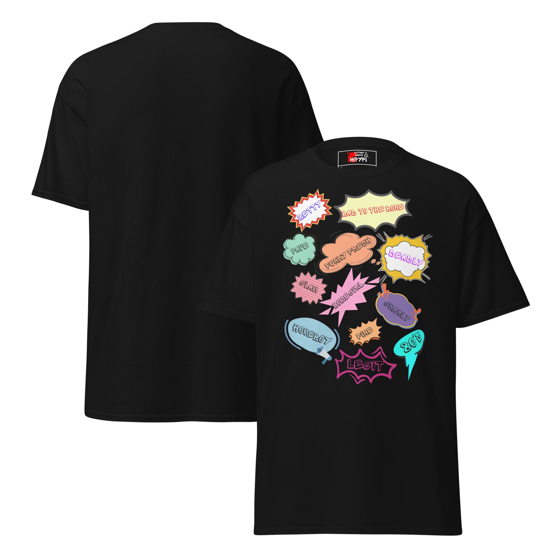 80s Comic Style Unisex T-Shirt with Retro Pop Art Graphic – Hipyfi Clothes & Design. black-front-and-back