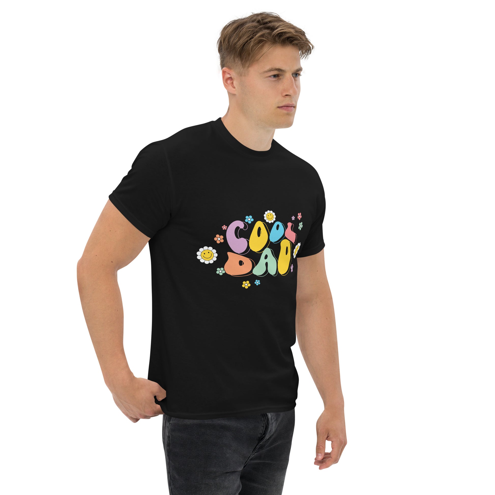 Hipyfi Retro Cool Dad Unisex Graphic Tee – Vintage 70s Style T-Shirt with colorful 'Cool Dad' graphic and floral design. black-right-front
