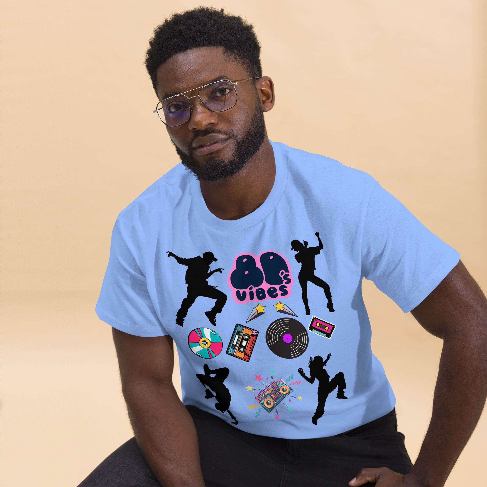 Unisex 80s Vibes graphic t-shirt with retro pop culture design by Hipyfi Clothes & Design carolina-blue-front-2