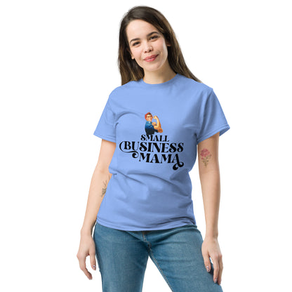 Unisex Small Business Mama Graphic T-Shirt featuring retro Rosie the Riveter design – Empowering shirt for women entrepreneurs by Hipyfi Clothes & Design. carolina-blue-front-2