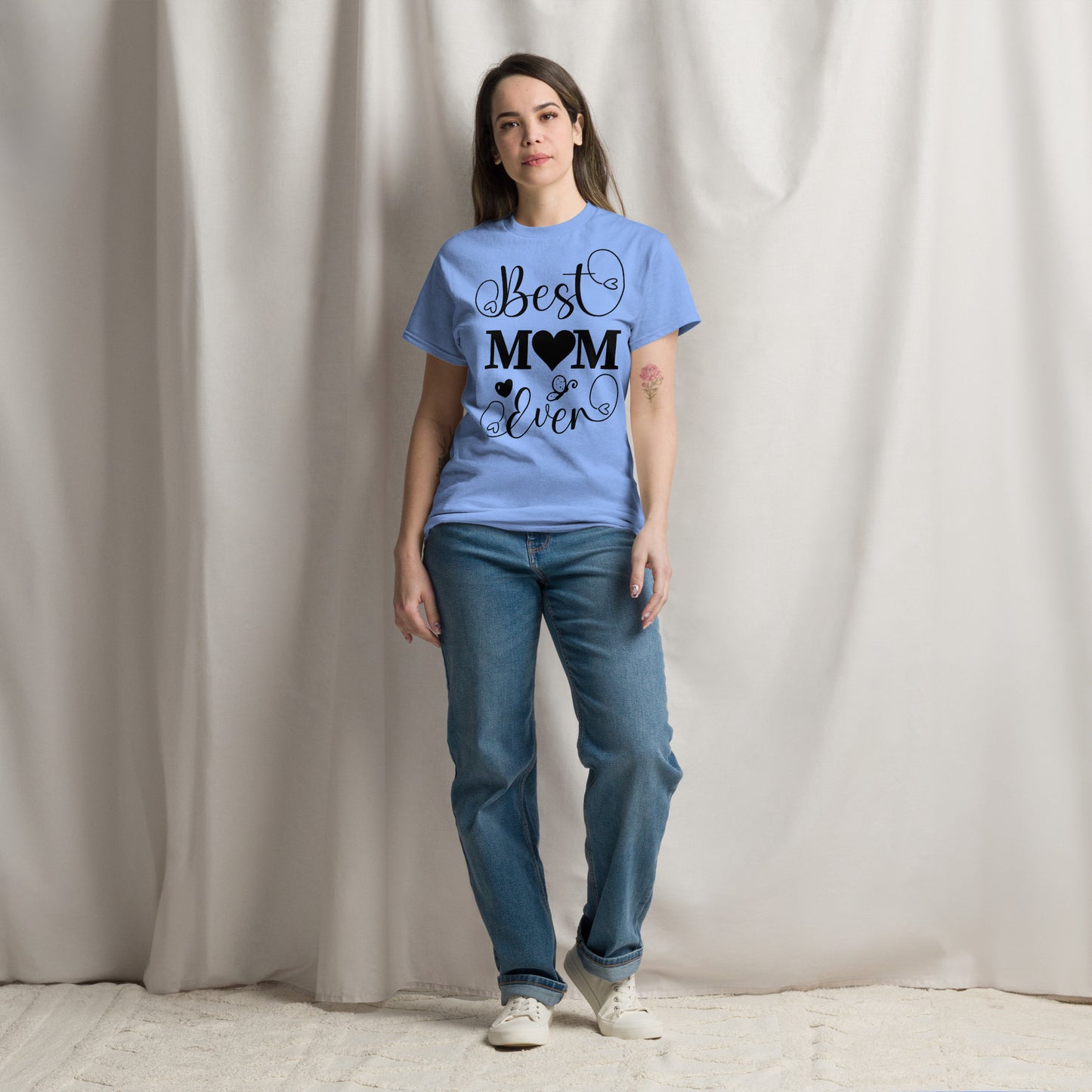 Best Mom Ever unisex graphic t-shirt in classic fit by Hipyfi Clothes & Design – perfect Mother’s Day gift in white with heart and butterfly typography. carolina-blue-front