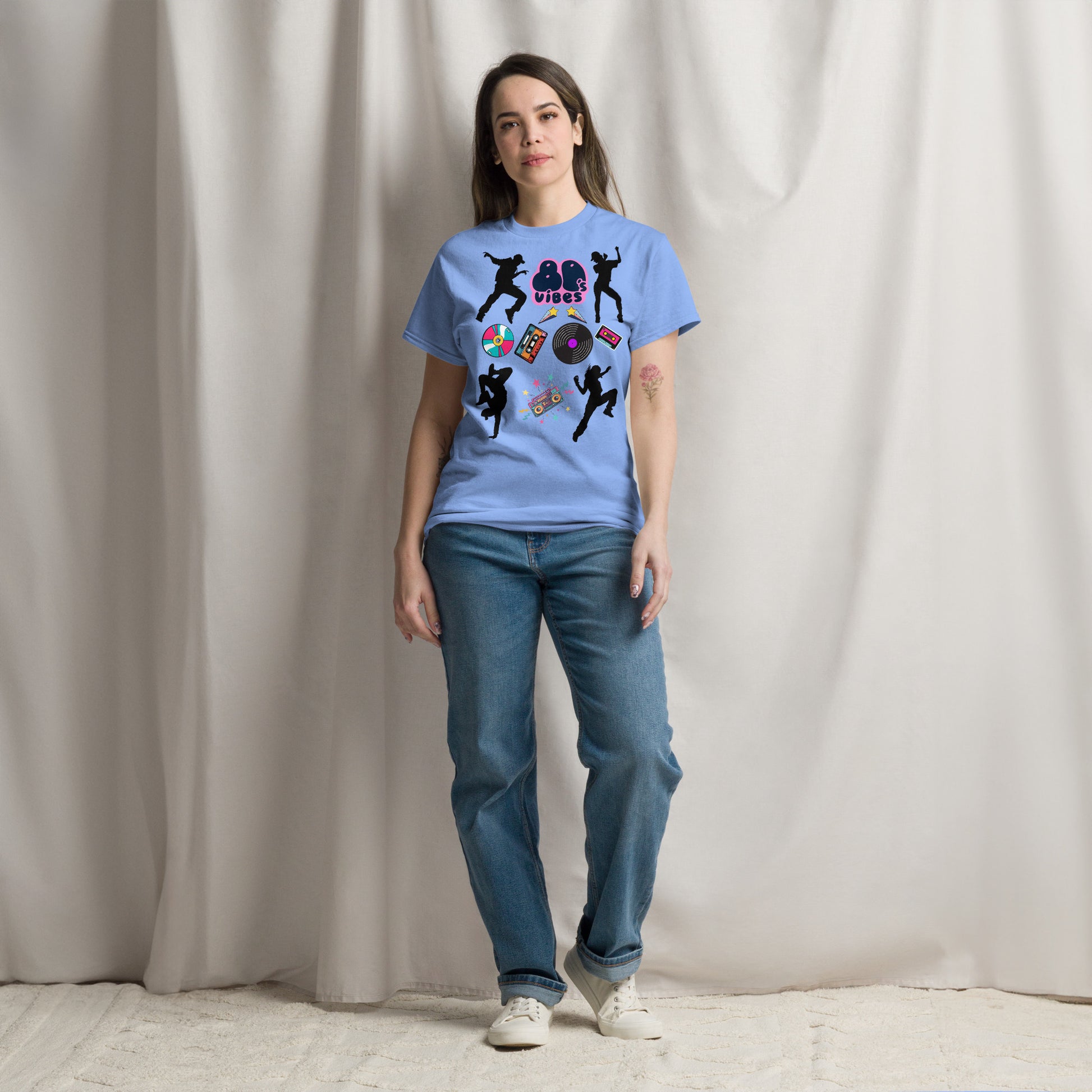 Unisex 80s Vibes graphic t-shirt with retro pop culture design by Hipyfi Clothes & Design carolina-blue-front-3