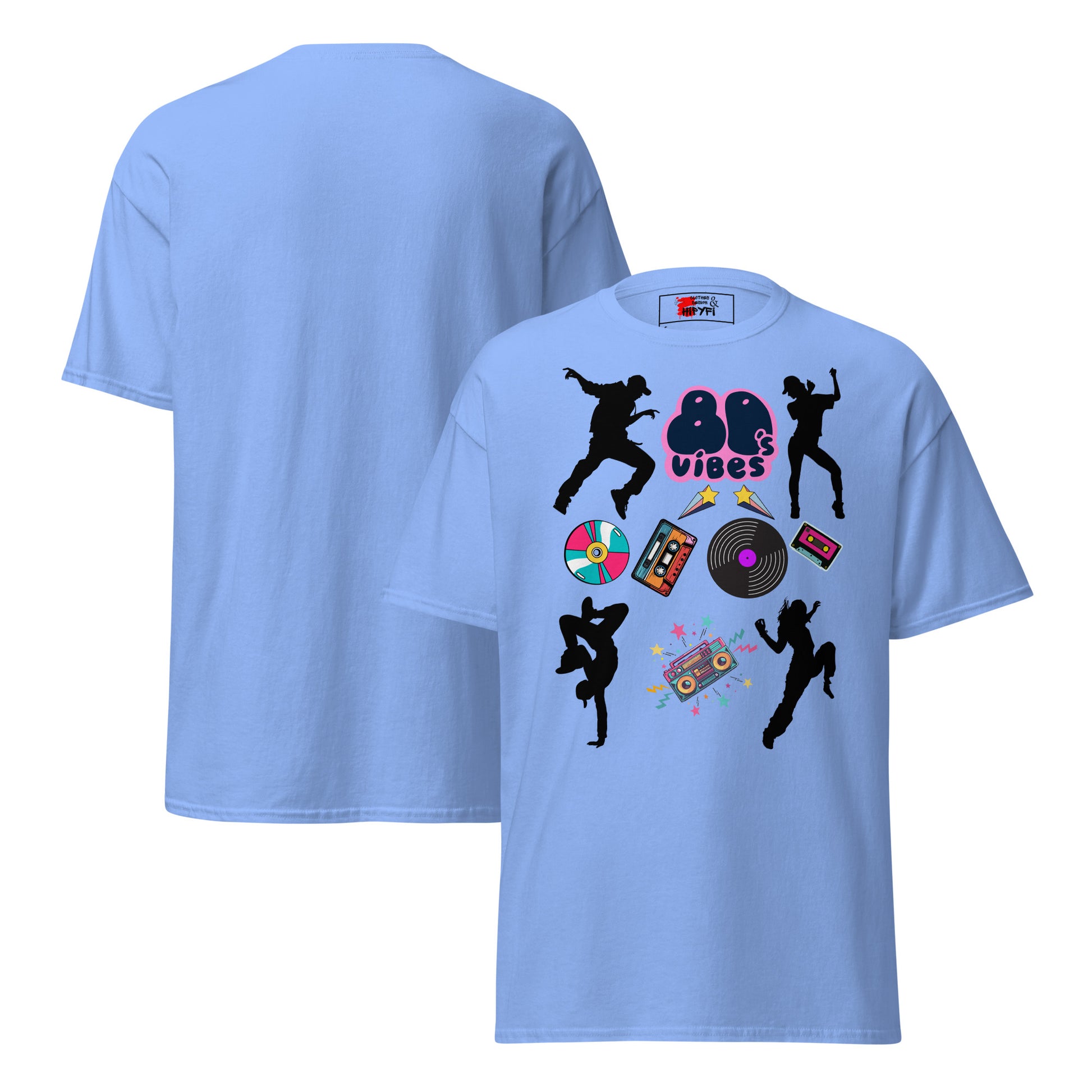 Unisex 80s Vibes graphic t-shirt with retro pop culture design by Hipyfi Clothes & Design carolina-blue-front-and-back