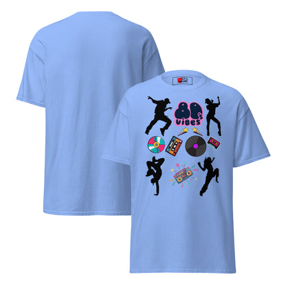 Unisex 80s Vibes graphic t-shirt with retro pop culture design by Hipyfi Clothes & Design carolina-blue-front-and-back