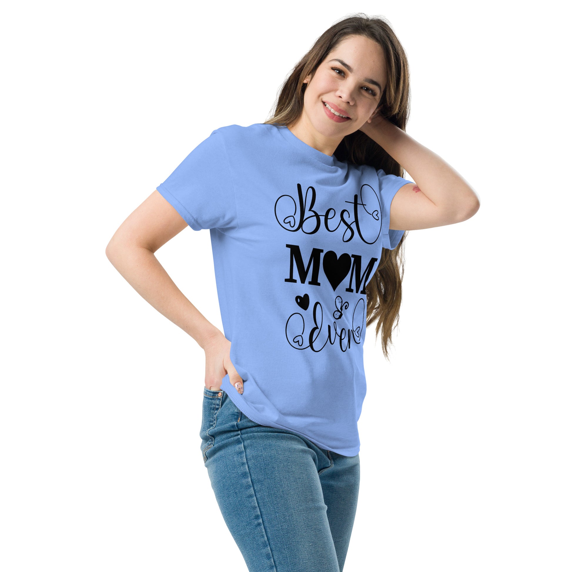 Best Mom Ever unisex graphic t-shirt in classic fit by Hipyfi Clothes & Design – perfect Mother’s Day gift in white with heart and butterfly typography. carolina-blue-left-front
