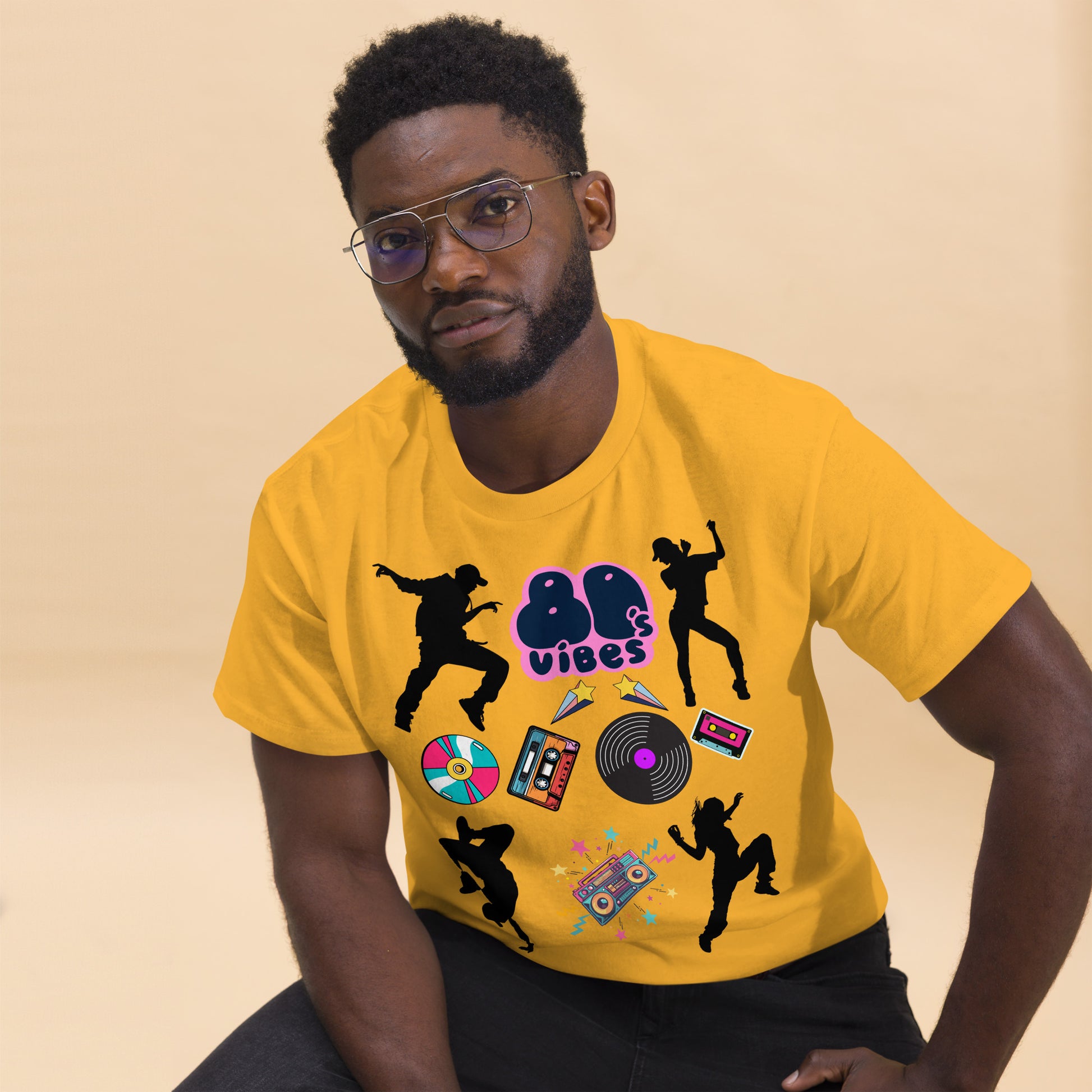 Unisex 80s Vibes graphic t-shirt with retro pop culture design by Hipyfi Clothes & Design gold-front-2