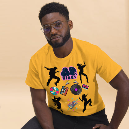 Unisex 80s Vibes graphic t-shirt with retro pop culture design by Hipyfi Clothes & Design gold-front-2