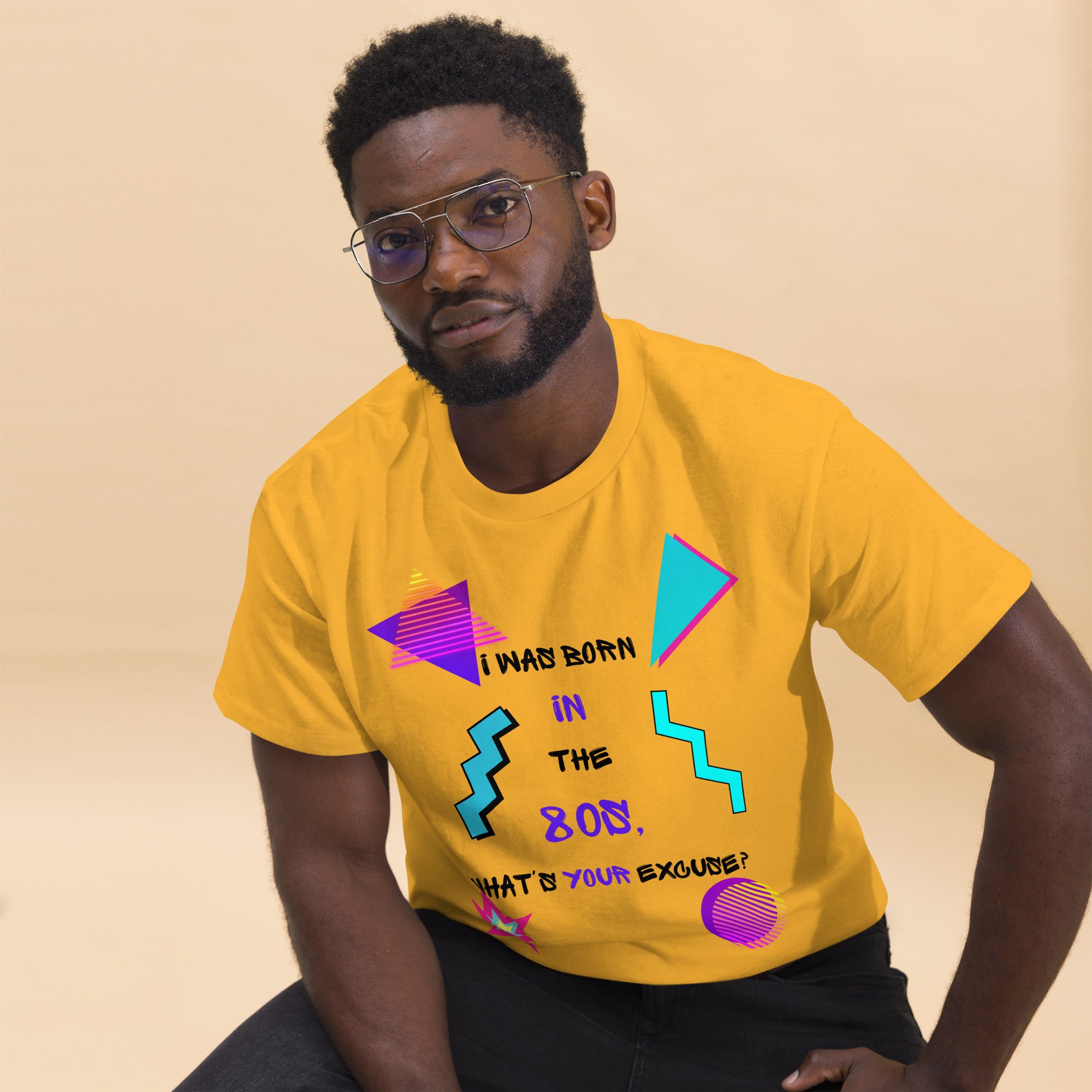Hipyfi Retro 80s 'Born in the 80s' Unisex Tee – Vintage Graphic T-Shirt with Bold Pop Culture Design. gold-front-2