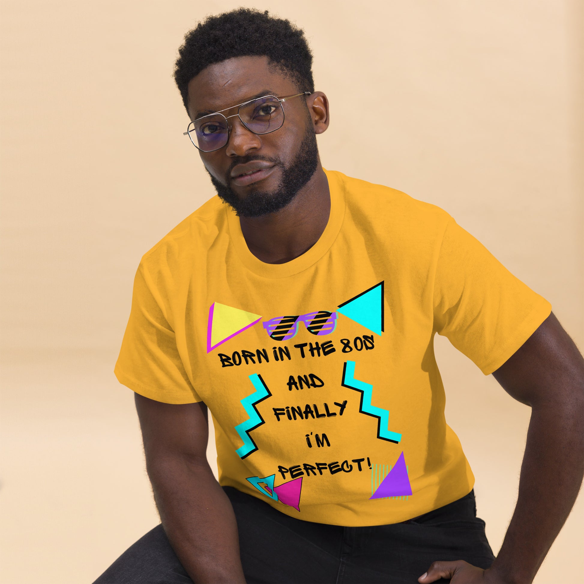 Born in the 80s retro graphic tee with neon 80s design – unisex vintage t-shirt by Hipyfi Clothes & Design. gold-front-2