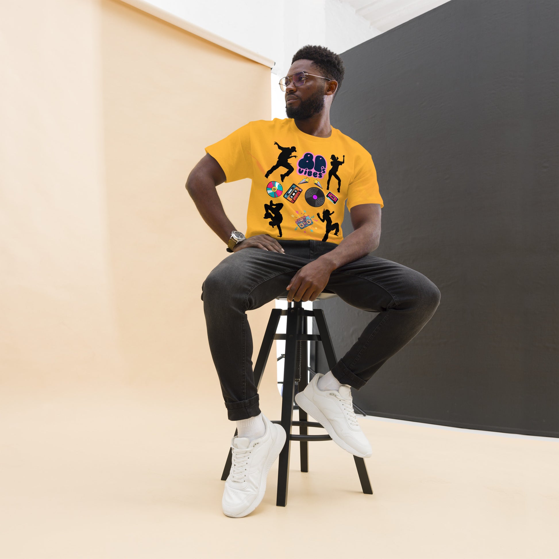 Unisex 80s Vibes graphic t-shirt with retro pop culture design by Hipyfi Clothes & Design gold-front