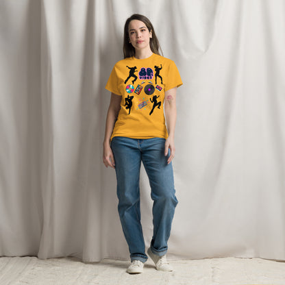 Unisex 80s Vibes graphic t-shirt with retro pop culture design by Hipyfi Clothes & Design gold-front-3