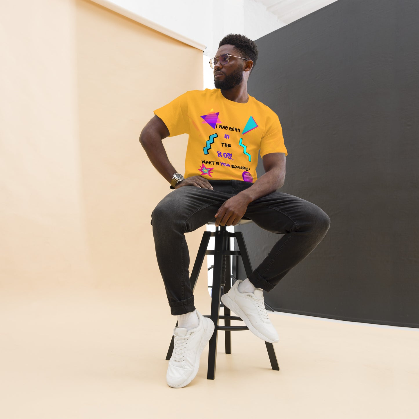 Hipyfi Retro 80s 'Born in the 80s' Unisex Tee – Vintage Graphic T-Shirt with Bold Pop Culture Design. gold-front