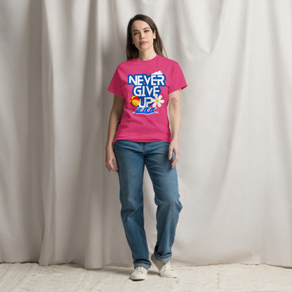 Unisex motivational t-shirt with 'Never Give Up' graphic by Hipyfi Clothes & Design – inspirational summer streetwear tee. heliconia-front-2