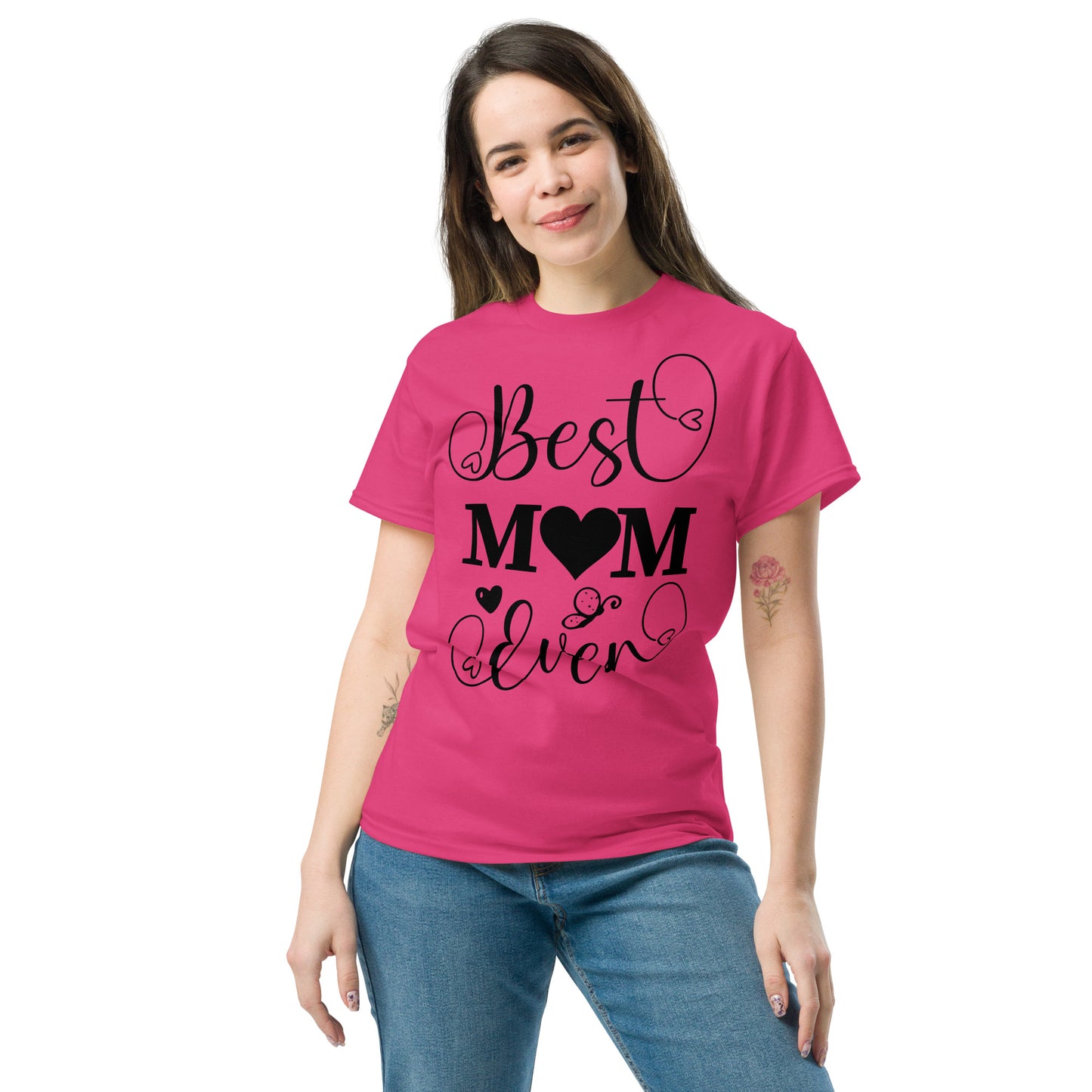 Best Mom Ever unisex graphic t-shirt in classic fit by Hipyfi Clothes & Design – perfect Mother’s Day gift in white with heart and butterfly typography. heliconia-front-2
