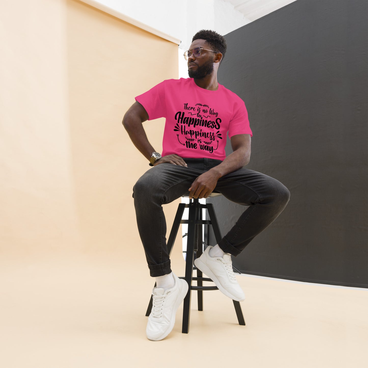 Unisex graphic t-shirt with inspirational quote – Happiness Way Tee by Hipyfi Clothes & Design. heliconia-front