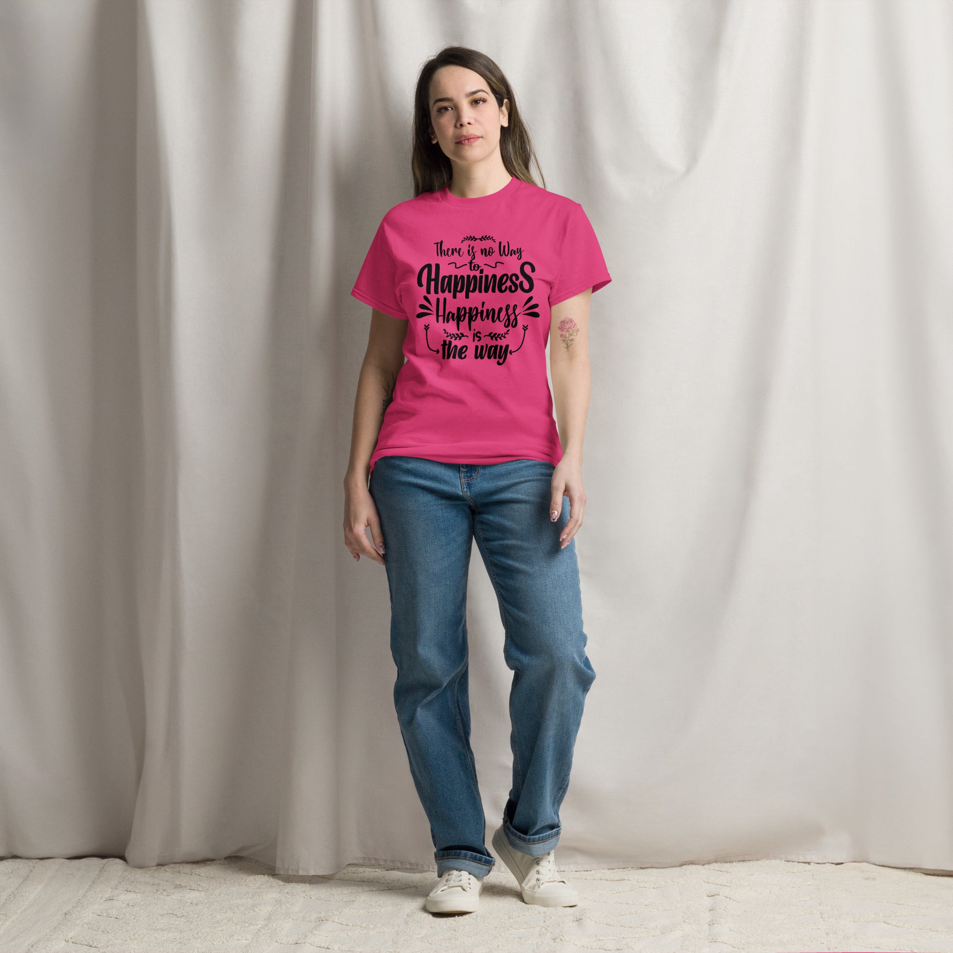 Unisex graphic t-shirt with inspirational quote – Happiness Way Tee by Hipyfi Clothes & Design. heliconia-front-3