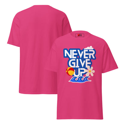 Unisex motivational t-shirt with 'Never Give Up' graphic by Hipyfi Clothes & Design – inspirational summer streetwear tee. heliconia-front-3