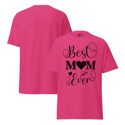 Best Mom Ever unisex graphic t-shirt in classic fit by Hipyfi Clothes & Design – perfect Mother’s Day gift in white with heart and butterfly typography. heliconia-front-and-back
