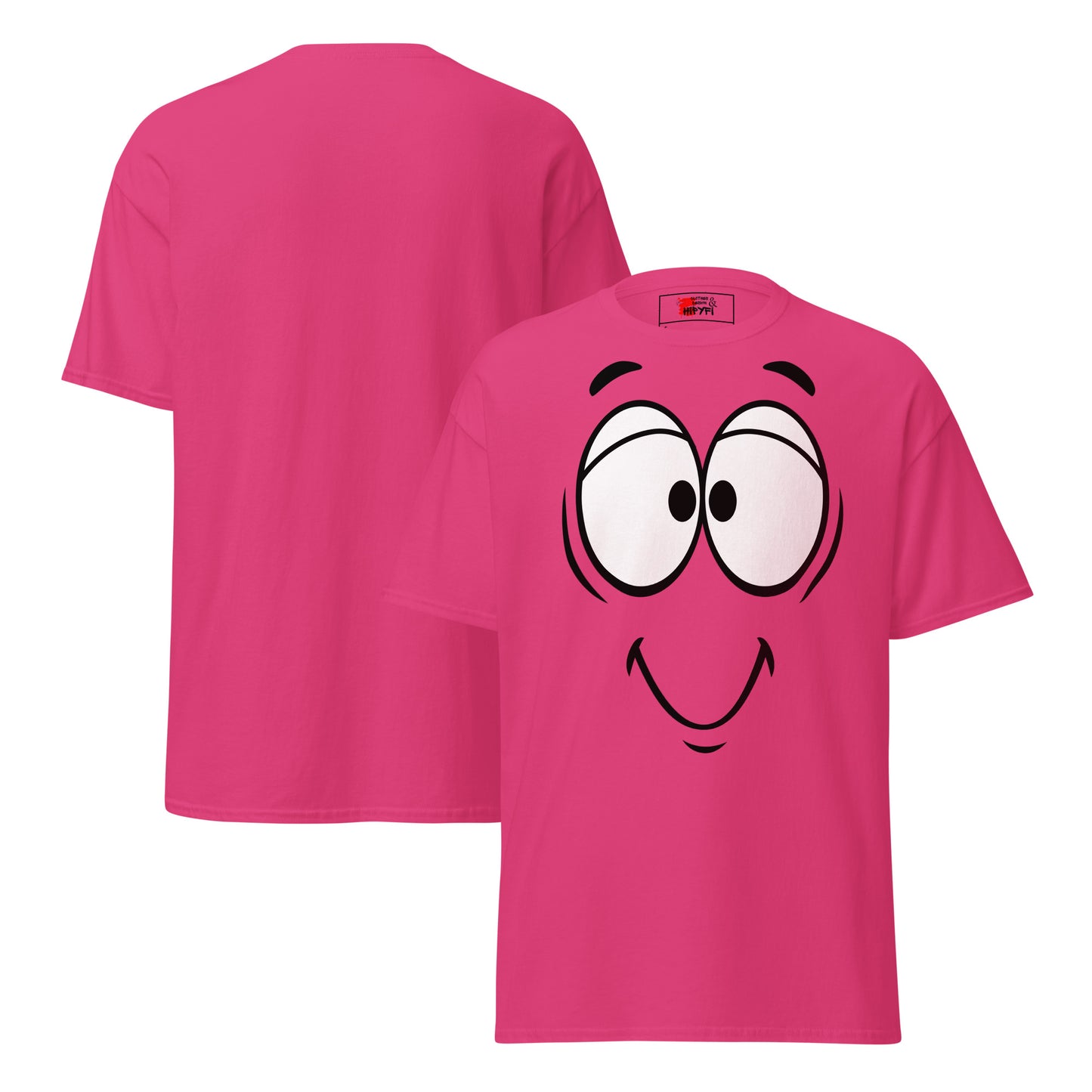Unisex minimalist cartoon face t-shirt with bold black line art and playful smile – Hipyfi Clothes & Design. heliconia-front-and-back