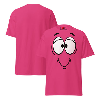 Unisex minimalist cartoon face t-shirt with bold black line art and playful smile – Hipyfi Clothes & Design. heliconia-front-and-back