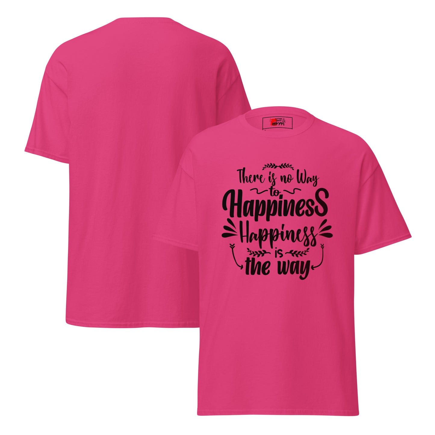 Unisex graphic t-shirt with inspirational quote – Happiness Way Tee by Hipyfi Clothes & Design. heliconia-front-and-back