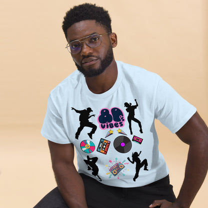 Unisex 80s Vibes graphic t-shirt with retro pop culture design by Hipyfi Clothes & Design light-blue-front-2