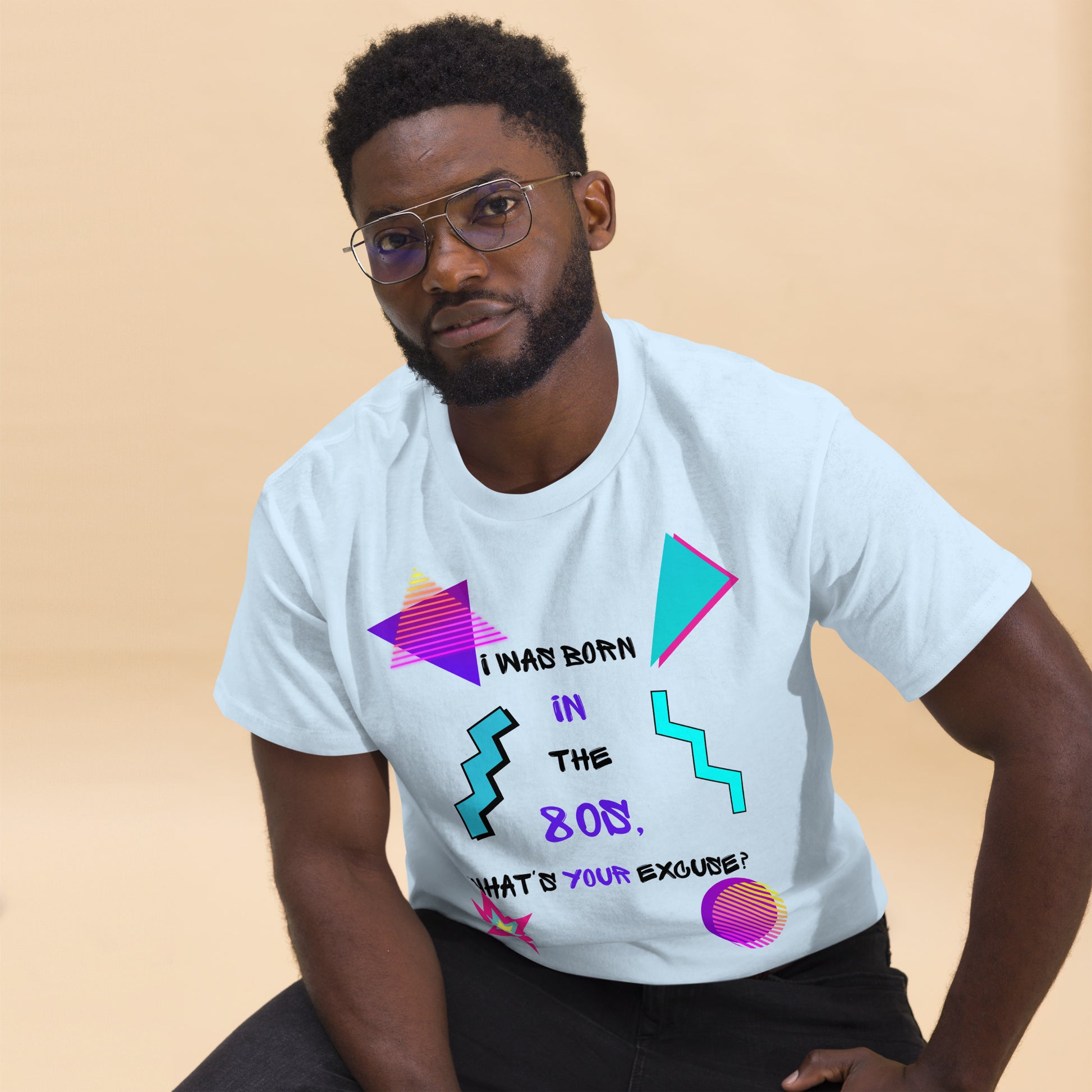 Hipyfi Retro 80s 'Born in the 80s' Unisex Tee – Vintage Graphic T-Shirt with Bold Pop Culture Design. light-blue-front-2