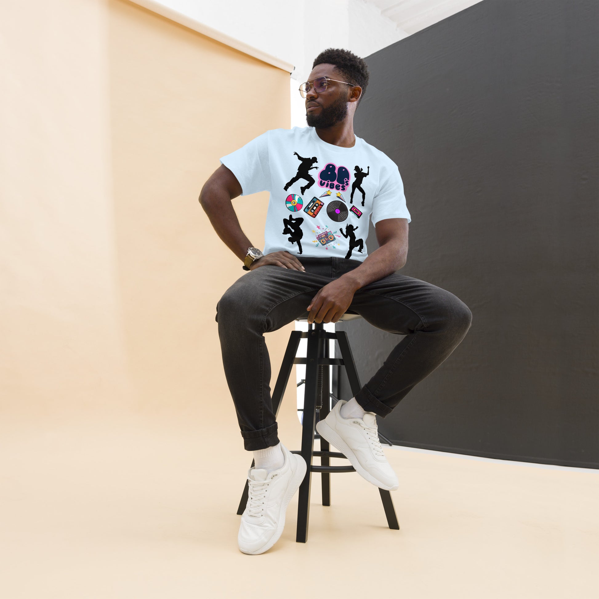 Unisex 80s Vibes graphic t-shirt with retro pop culture design by Hipyfi Clothes & Design light-blue-front