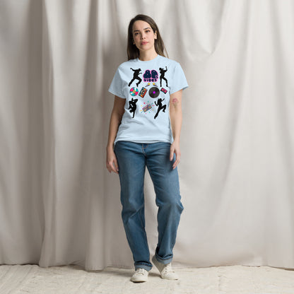 Unisex 80s Vibes graphic t-shirt with retro pop culture design by Hipyfi Clothes & Design light-blue-front-3