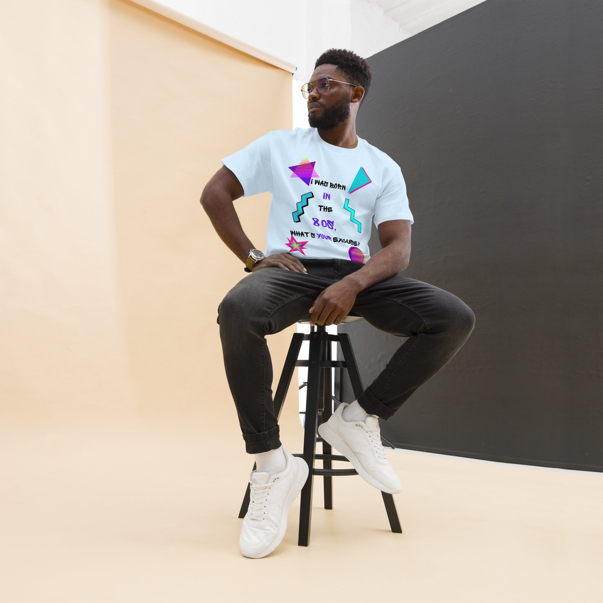 Hipyfi Retro 80s 'Born in the 80s' Unisex Tee – Vintage Graphic T-Shirt with Bold Pop Culture Design. light-blue-front