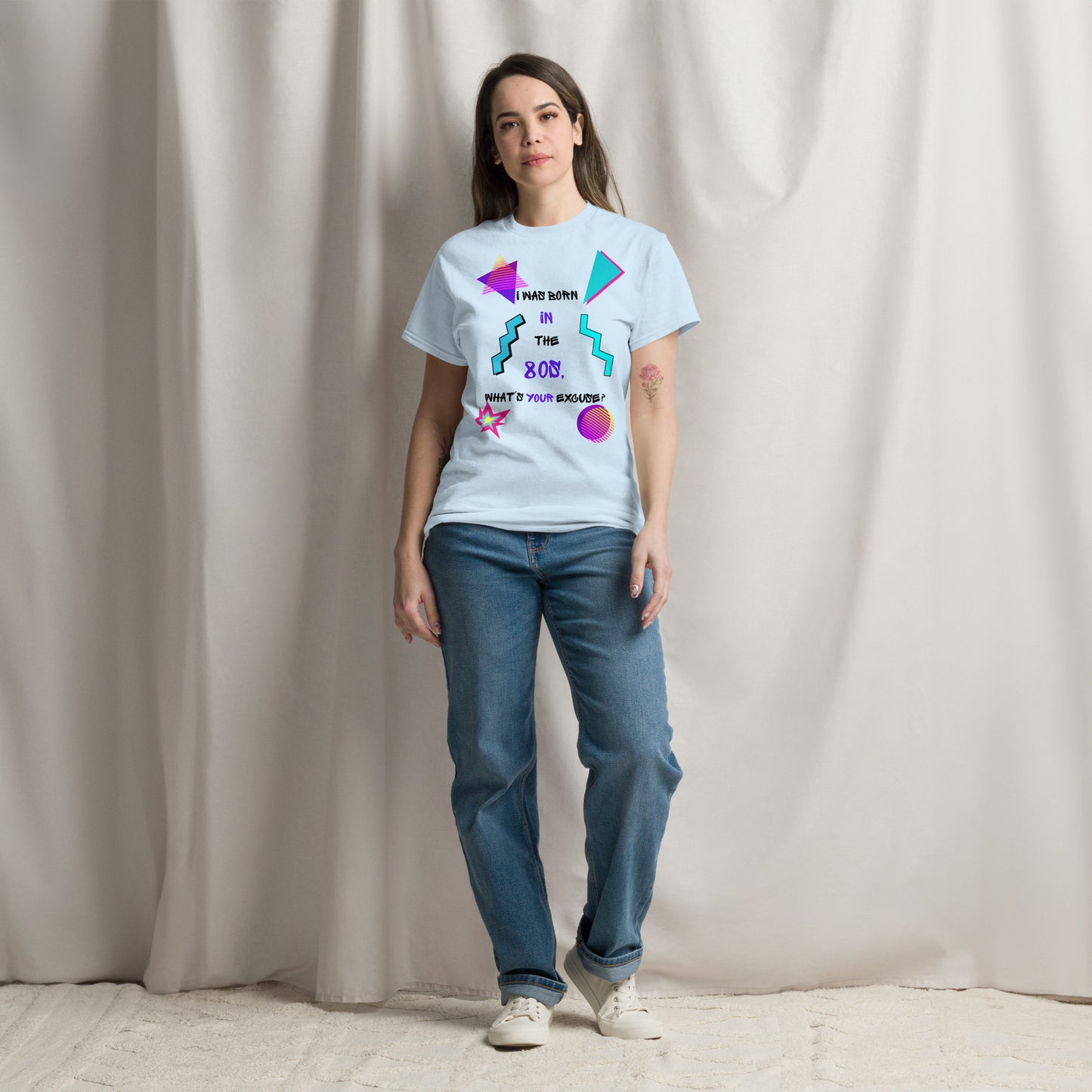 Hipyfi Retro 80s 'Born in the 80s' Unisex Tee – Vintage Graphic T-Shirt with Bold Pop Culture Design. light-blue-front-3