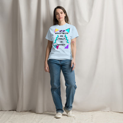 Born in the 80s retro graphic tee with neon 80s design – unisex vintage t-shirt by Hipyfi Clothes & Design. light-blue-front-3