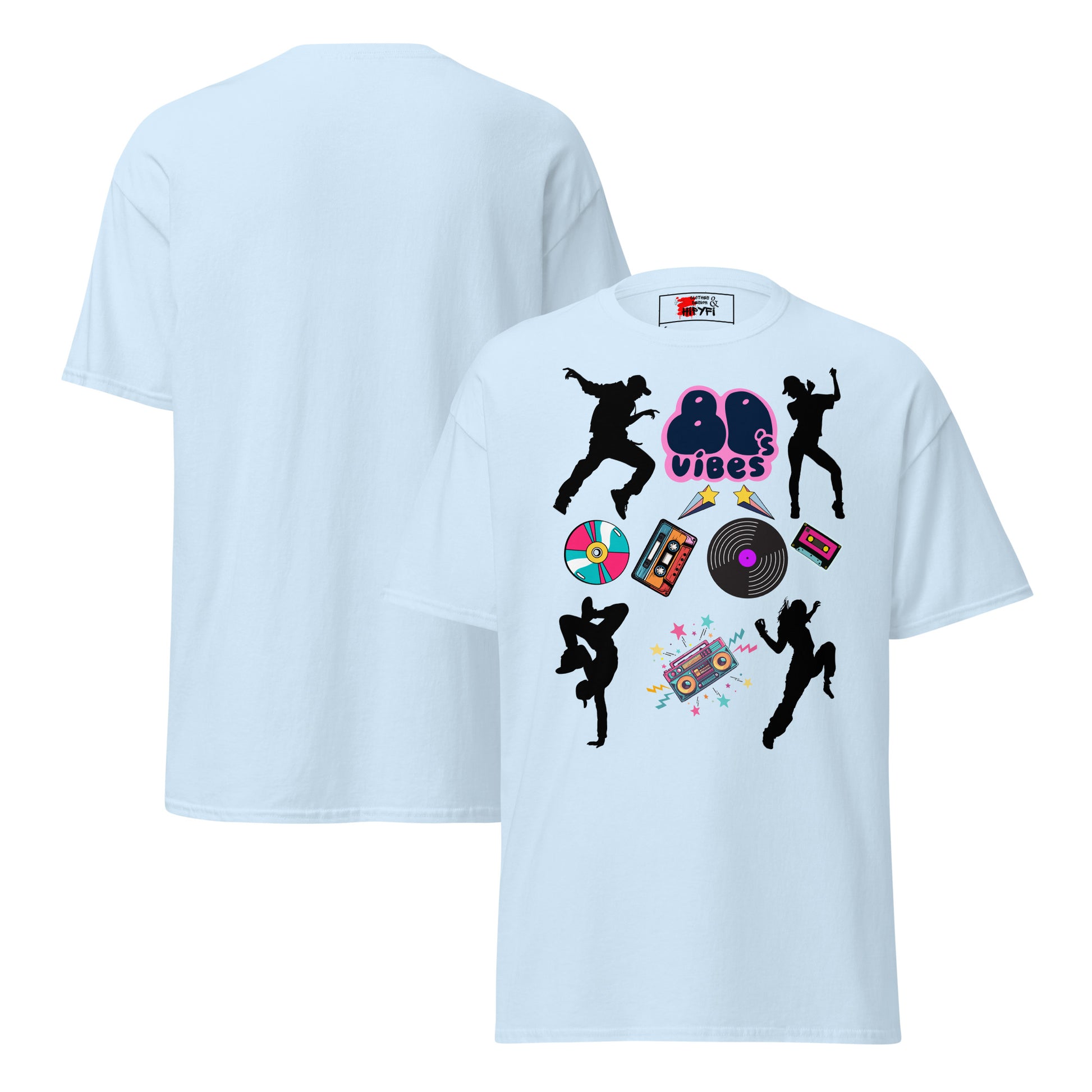 Unisex 80s Vibes graphic t-shirt with retro pop culture design by Hipyfi Clothes & Design light-blue-front-and-back