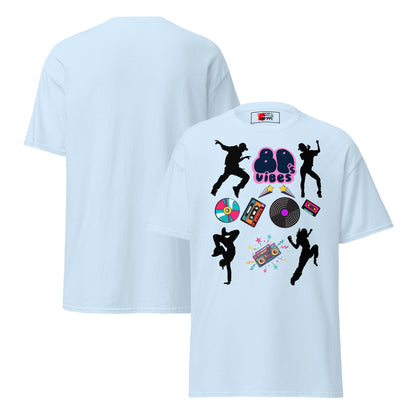 Unisex 80s Vibes graphic t-shirt with retro pop culture design by Hipyfi Clothes & Design light-blue-front-and-back