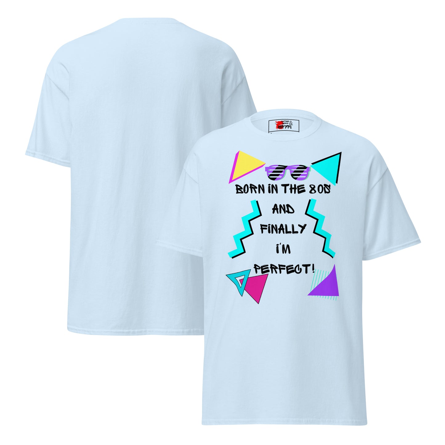 Born in the 80s retro graphic tee with neon 80s design – unisex vintage t-shirt by Hipyfi Clothes & Design. light-blue-front-and-back