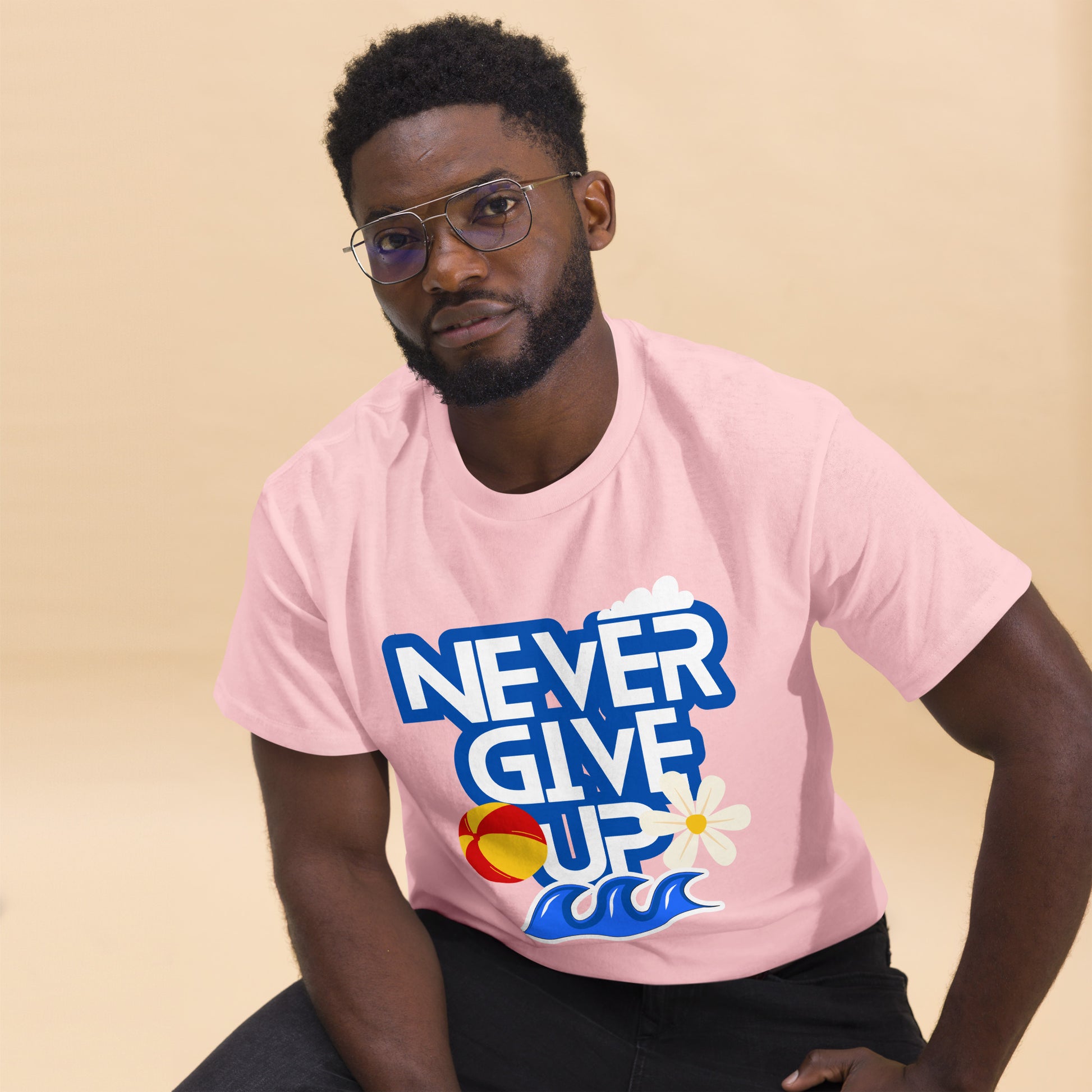 Unisex motivational t-shirt with 'Never Give Up' graphic by Hipyfi Clothes & Design – inspirational summer streetwear tee. light-pink-front-3