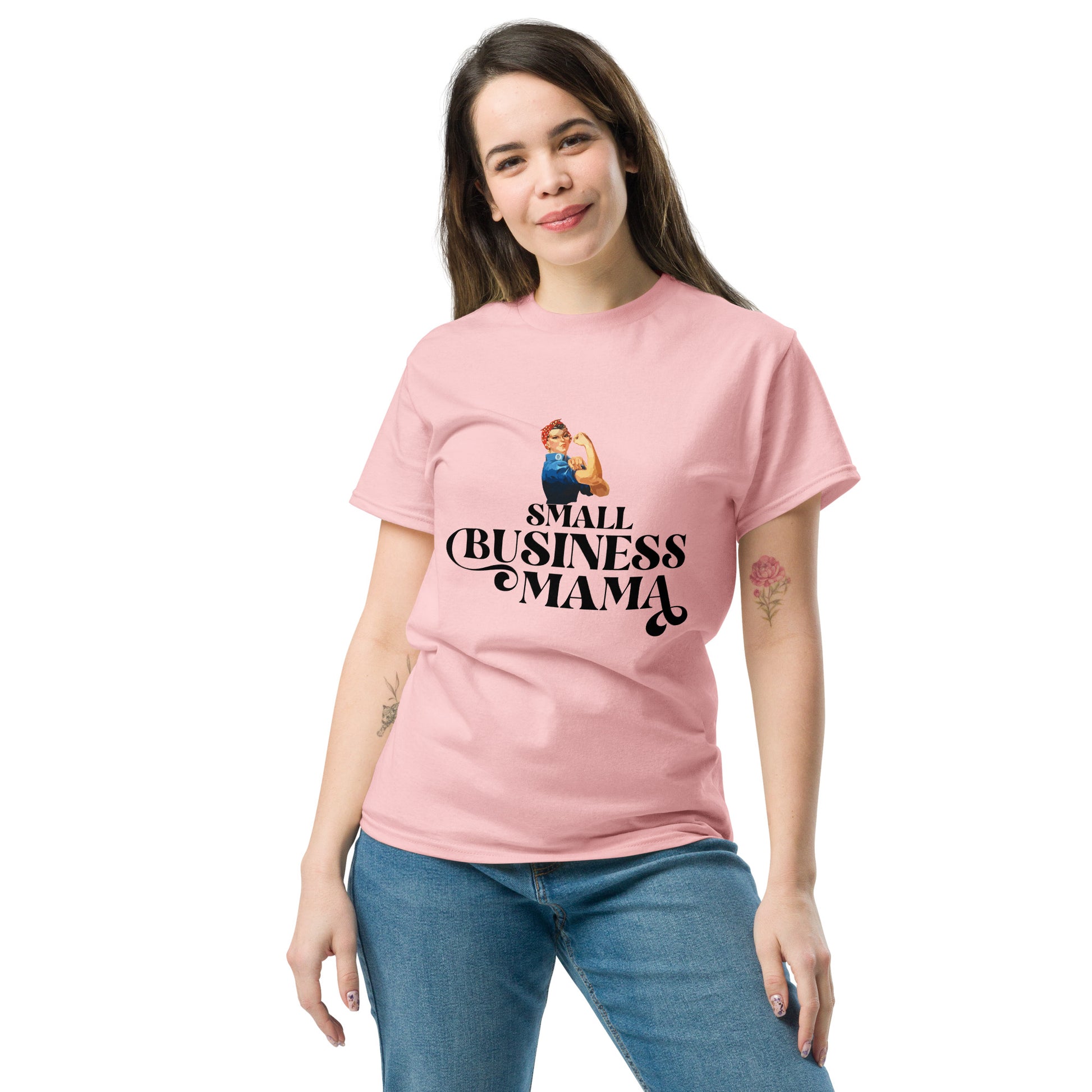 Unisex Small Business Mama Graphic T-Shirt featuring retro Rosie the Riveter design – Empowering shirt for women entrepreneurs by Hipyfi Clothes & Design. light-pink-front-2