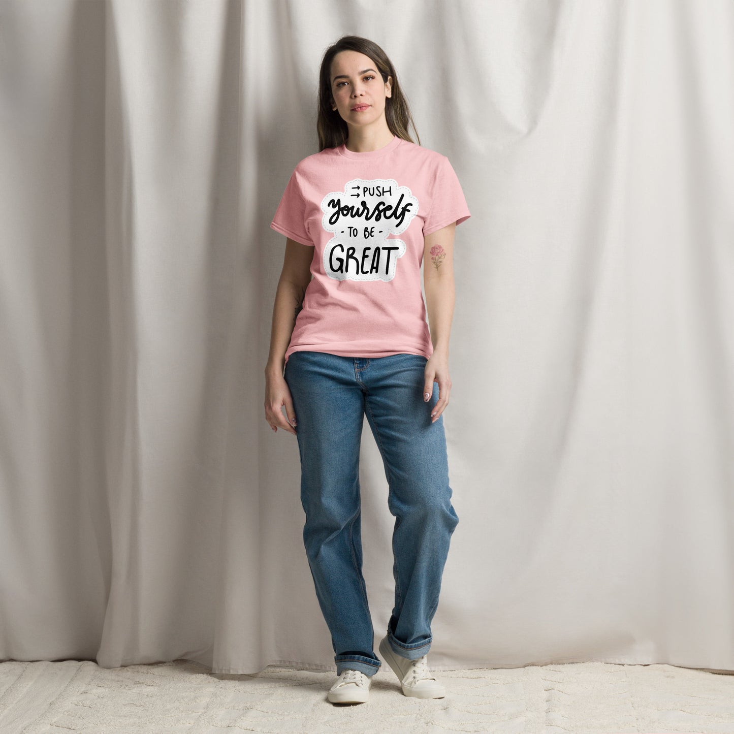 Unisex motivational t-shirt with 'Push Yourself to Be Great' quote – Hipyfi streetwear tee. light-pink-front-3
